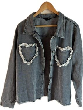Davi & Dani Cotton Denim Jacket with Lace Heart Pocket Details